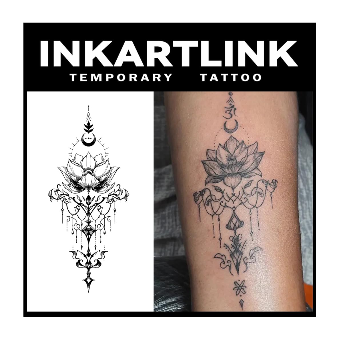 Inkartlink Lotus Flower Semi-Permanent Tattoo - 2 Extra-Large Waterproof Designs, Lasts 1-2 Weeks