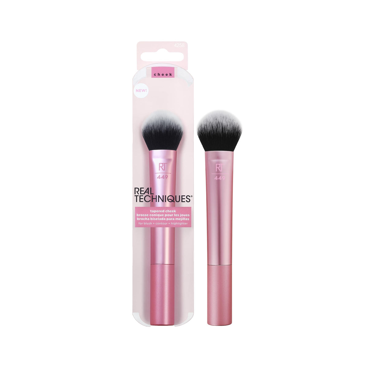 Real Techniques Tapered Cheek Brush - Blush & Highlighter Brush With Synthetic Bristles, Pink