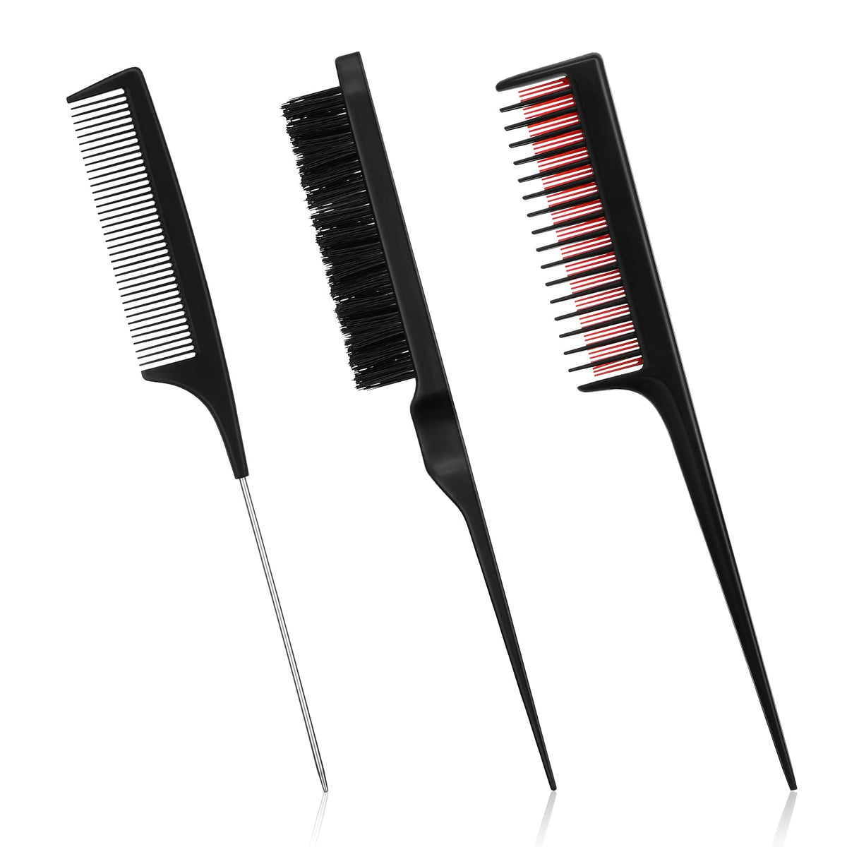 Patelai 3-Piece Hair Styling Comb Set - Teasing Brush & Rat Tail Comb In Black, Red, And Black