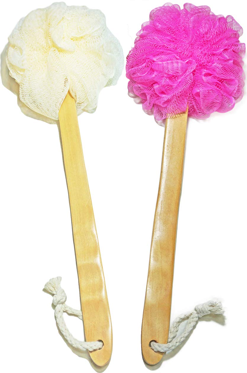 Jins-Hung Exfoliating Shower Loofah & Back Scrubber With Long Handle - 2 Pack White & Red