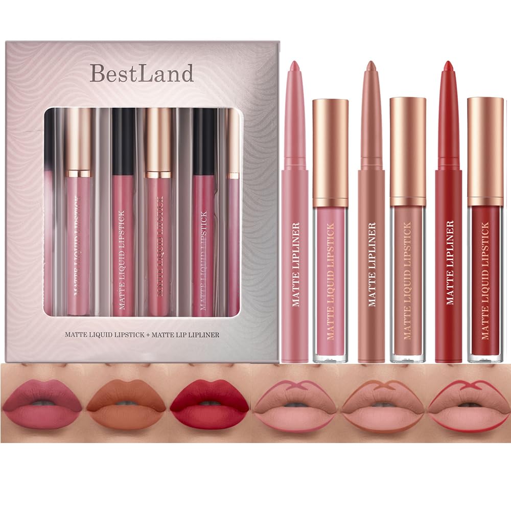 Bestland 6Pcs Matte Liquid Lipstick & Lip Liner Set - Waterproof Long Wear Nude Shades Gift Kit