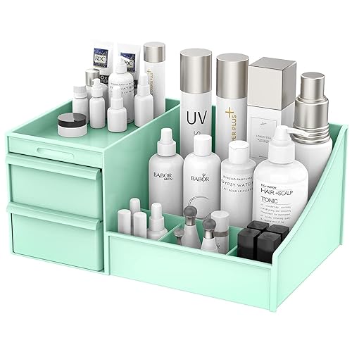 Lexvss Green Makeup Desk Organizer with Drawers for Vanity, Bathroom & Countertop Storage