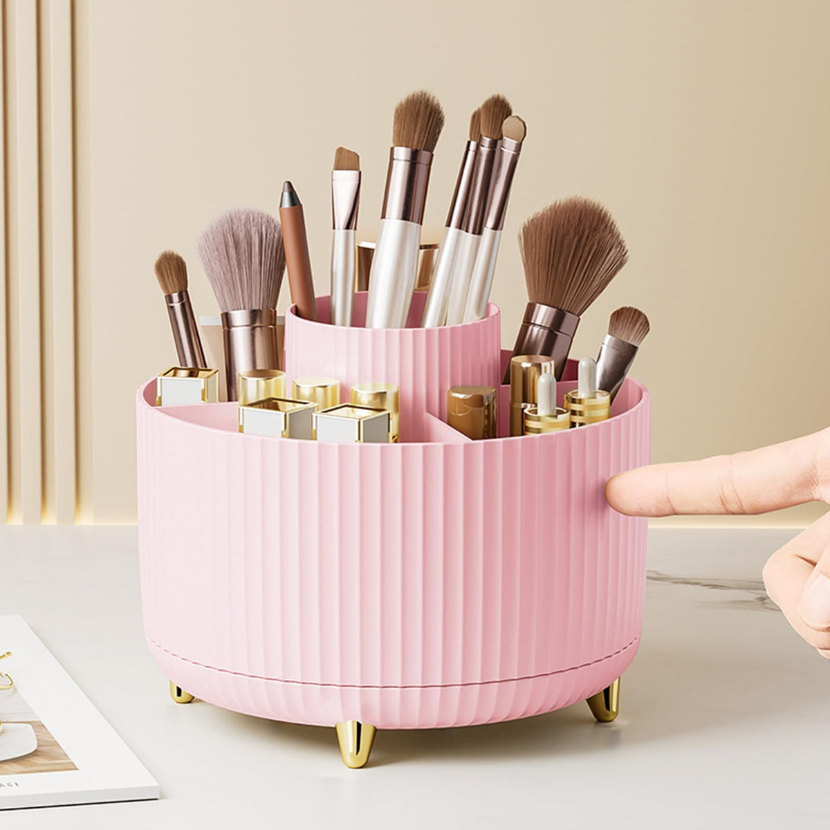 Diesisa 360° Rotating Makeup Brush Holder - Pink Acrylic Organizer For Brushes & Cosmetics