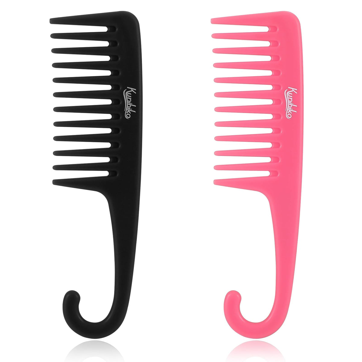 Kunihiko Wide Tooth Comb For Curly Hair - Shower Comb With Hook, Black & Pink, Plastic Material