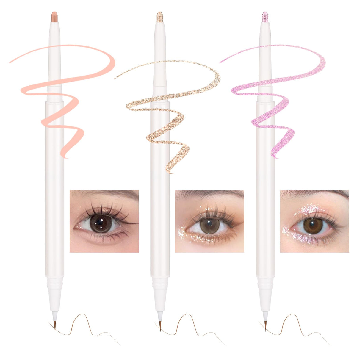 Nobeka 3Pc Dual Ended Highlighter Pen - Glitter & Matte Eyeliner, Long Lasting Eye Brightener