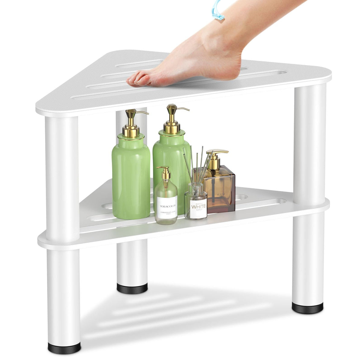 Cemila Metal Corner Shower Stool - Waterproof Step Stool With Storage Shelf, White