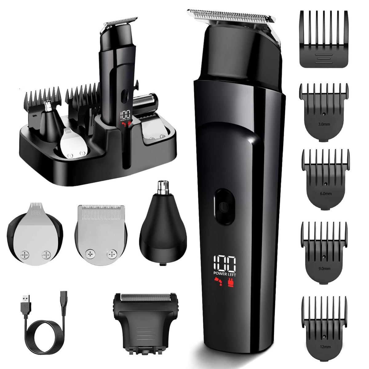 7D24Hcare 5-In-1 Beard Trimmer For Men - Waterproof Cordless Razor With Led Display, Black