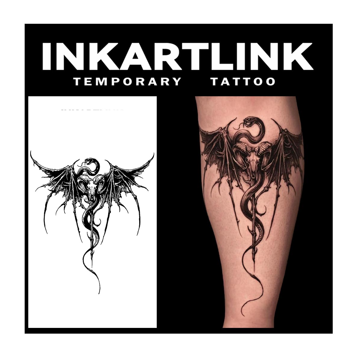 Inkartlink Extra Large Semi Permanent Tattoo, Waterproof Winged Snake Design, Lasts 1-2 Weeks