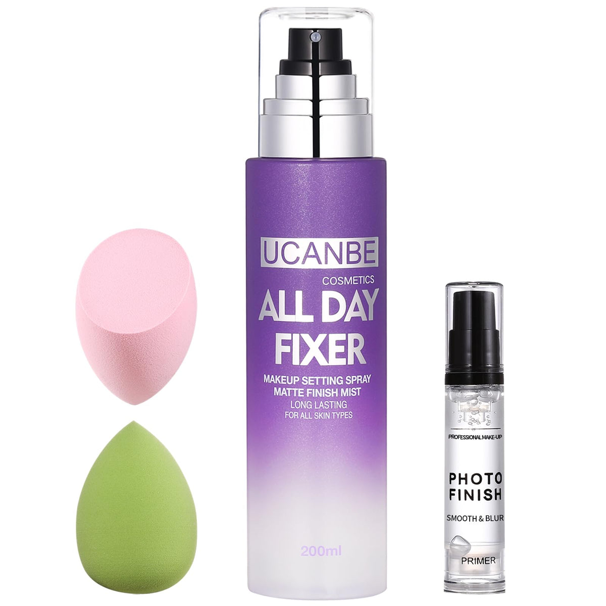 Ucanbe Makeup Setting Spray & Primer Set With Beauty Blender – Hydrating, Lightweight, Matte Finish