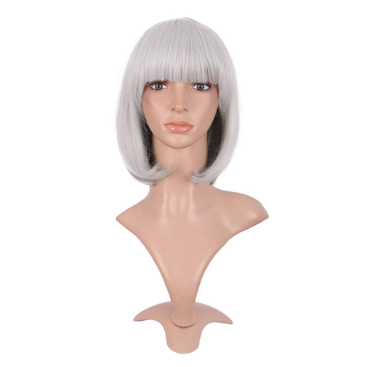 Mapofbeauty 12&quot; Silver Short Straight Bob Wig With Bangs - Fashion Lady Hairpiece