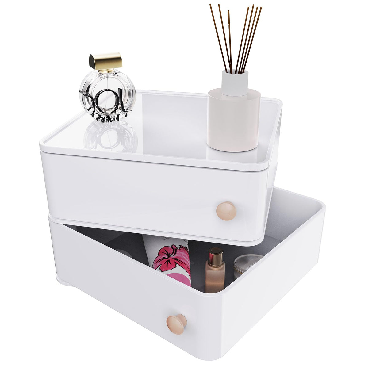 Chancetsui White Makeup Organizer With Rotating Drawers - Stackable Vanity Storage Box For Cosmetics