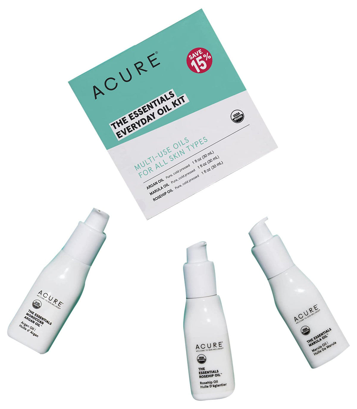 Acure Essentials Oil Starter Kit - 100% Vegan, Organic Argan, Marula & Rosehip Oils