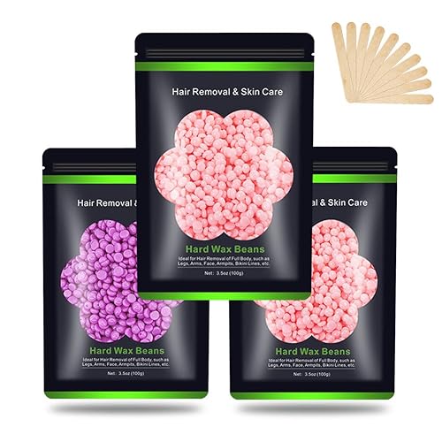 Auperwel Hard Wax Beads for Sensitive Skin, 10.5 oz, 3 Packs with Wax Sticks, Painless Hair