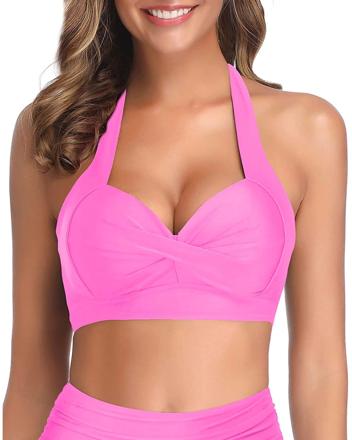 Tempt Me Pink Push Up Bikini Top Halter Retro Padded Swimwear X-Large