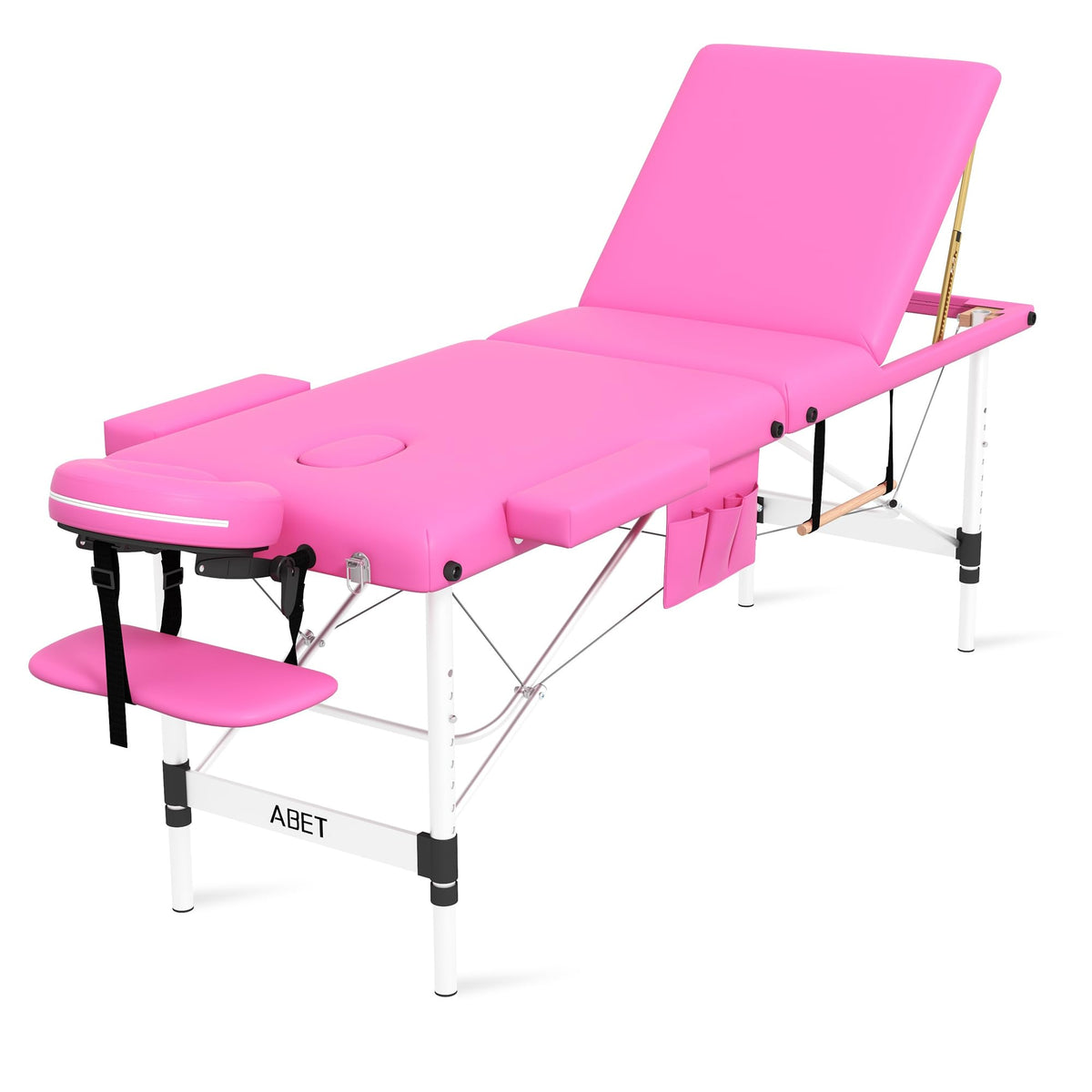 Abet Portable Massage Table - 3 Fold, Adjustable Height, Pink Aluminum, Facial Bed With Cradle & Armrest