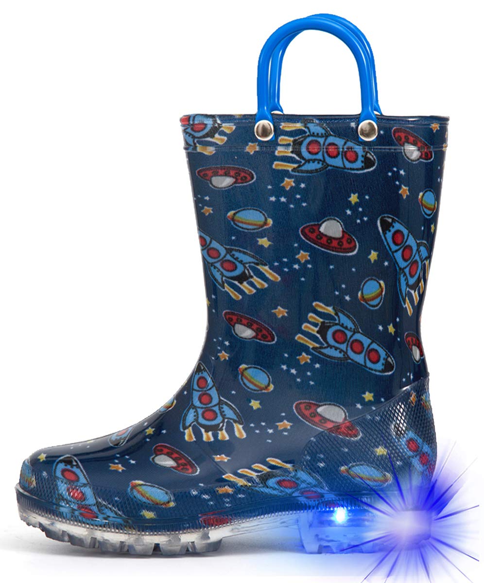 Hugrain Kids Boys Rain Boots Light Up Waterproof Navy Cosmos Size 3 Adorable Rubber Shoes