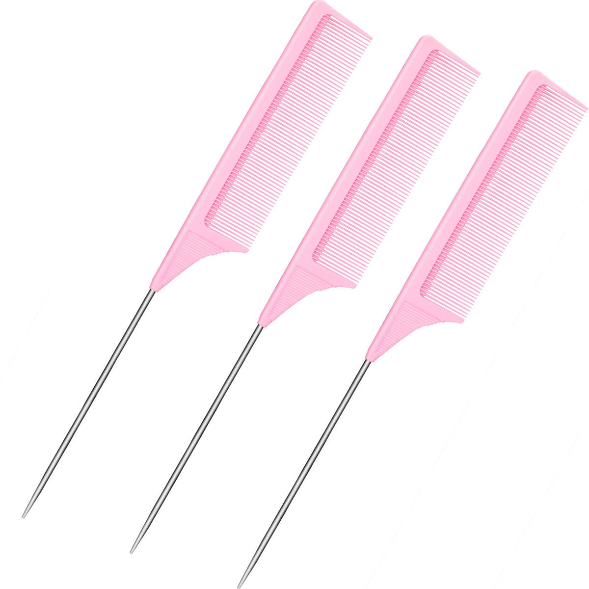 Leinuosen 3 Pack Pink Rat Tail Combs - Steel Pin, Carbon Fiber, Heat Resistant Teasing Combs