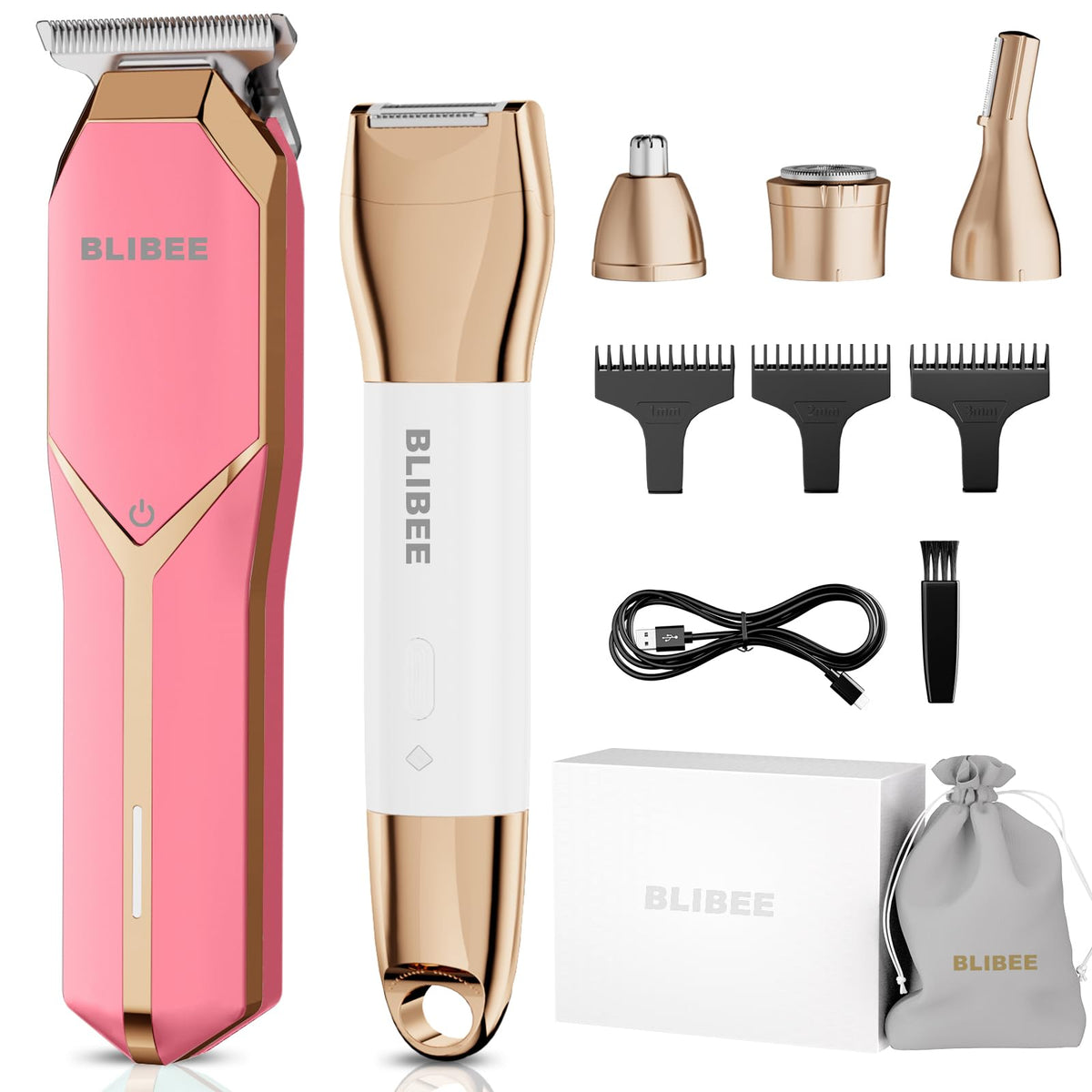 Blibee Waterproof Hair Clippers & Bikini Trimmer Set - 4 In 1 Electric Body Shaver, Pink