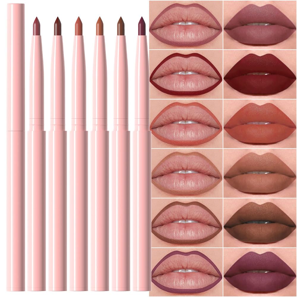 Suake 6 Pcs Nude Brown Beige Lip Liner Set - Waterproof, Easy Apply & Remove, Daily Makeup