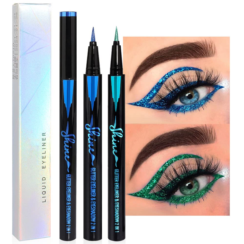 Evpct 2Pcs Glitter Liquid Eyeliner Set - Royal Blue & Green, Waterproof, Long Lasting, High Pigment