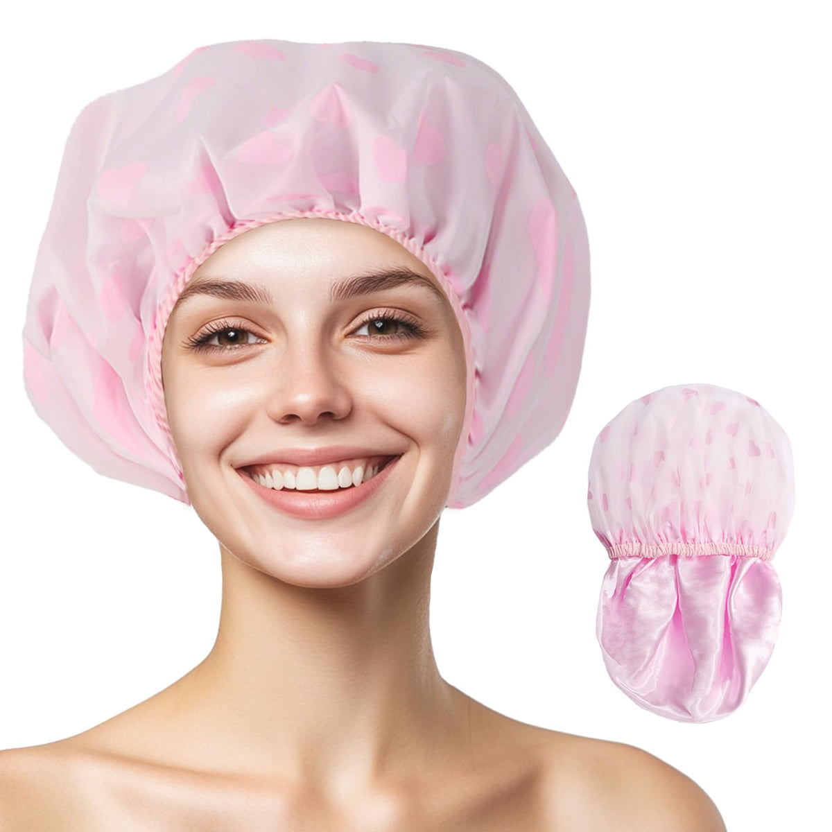 Yizijizi Reusable Waterproof Shower Cap For Long Hair - Large Pink Heart Design