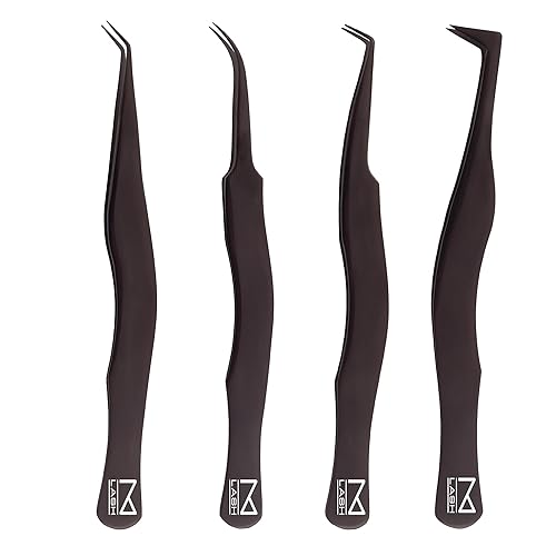 M LASH Eyelash Tweezers Set of 4 - Professional Japanese Steel, Diamond Grip, Black