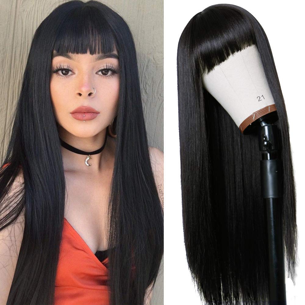 Timanzo 24&quot; Long Straight Natural Black Wig - Heat Resistant Fiber With Bangs For Women