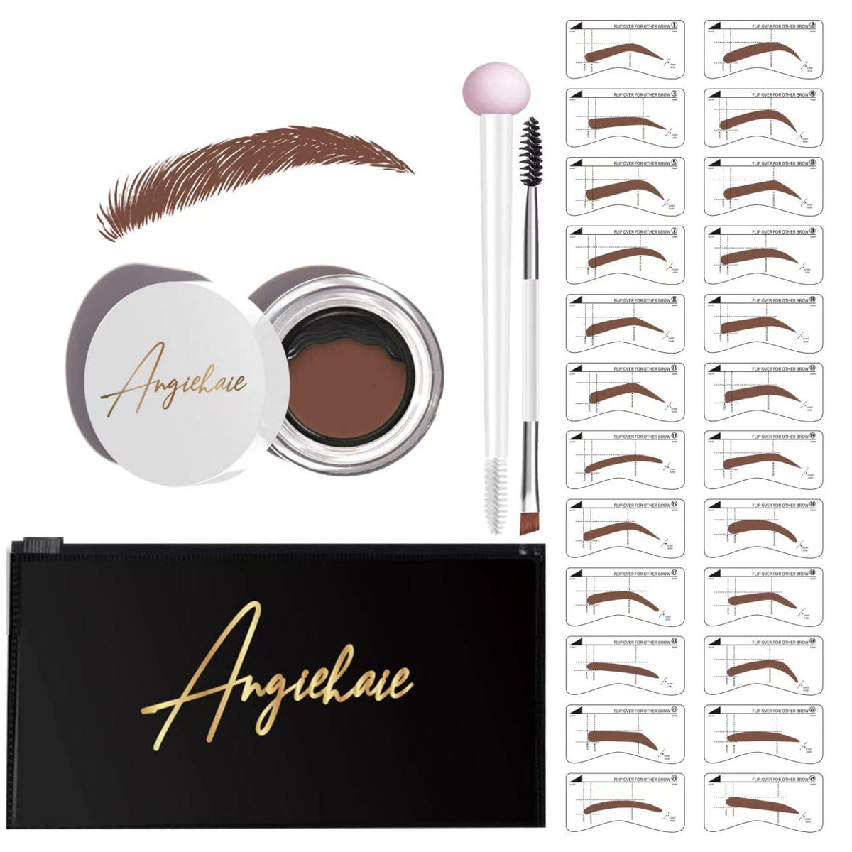 ANGIEHAIE Eyebrow Stamp Stencil Kit - Light Brown Pomade, 24 Stencils, Dual Brushes & Sponge