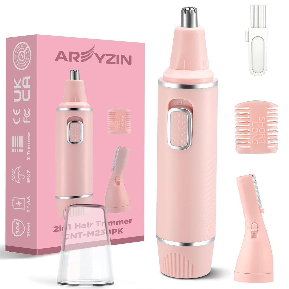 Areyzin Pink Nose Hair Trimmer & Eyebrow Clipper - Ipx7 Waterproof, Dual Edge Blades, Painless