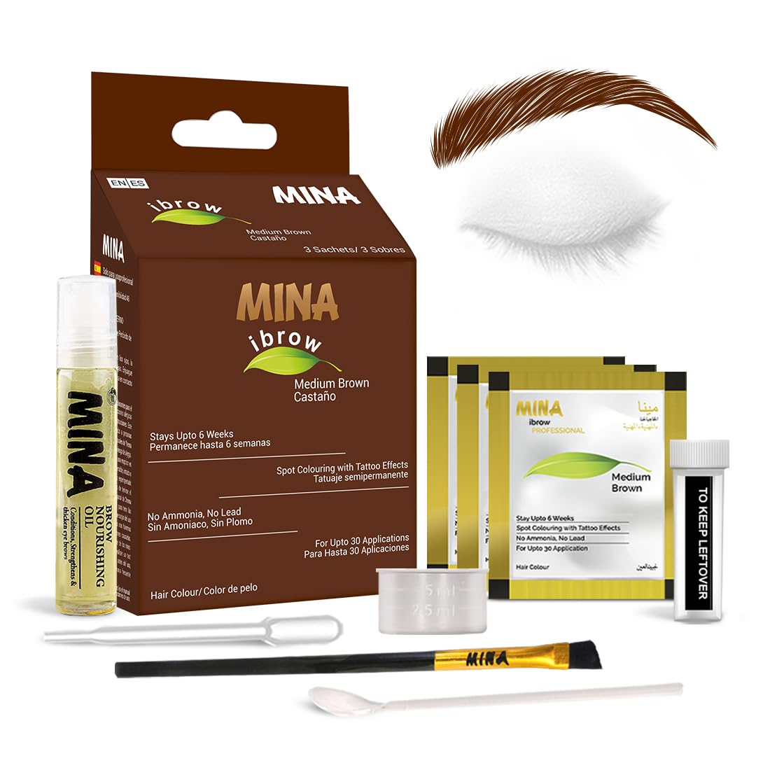 Minaibrow Tint Kit - Medium Brown Instant Brow Dye, Vegan, Water & Smudge Proof, Includes Oil & Brush