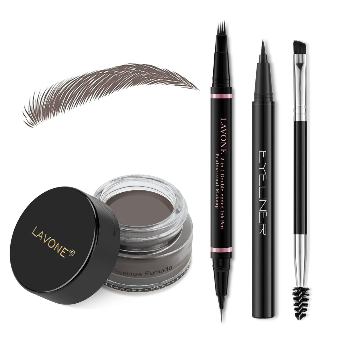 Lavone Eyebrow Pencil Makeup Kit - Waterproof 2-In-1 Microblading Pen & Pomade, Ebony