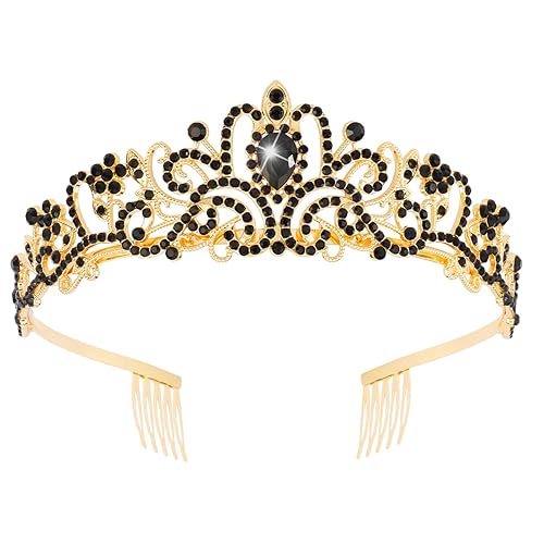 Didder Gold Black Rhinestone Tiara for Women & Girls - Gothic Crown for Halloween & Weddings