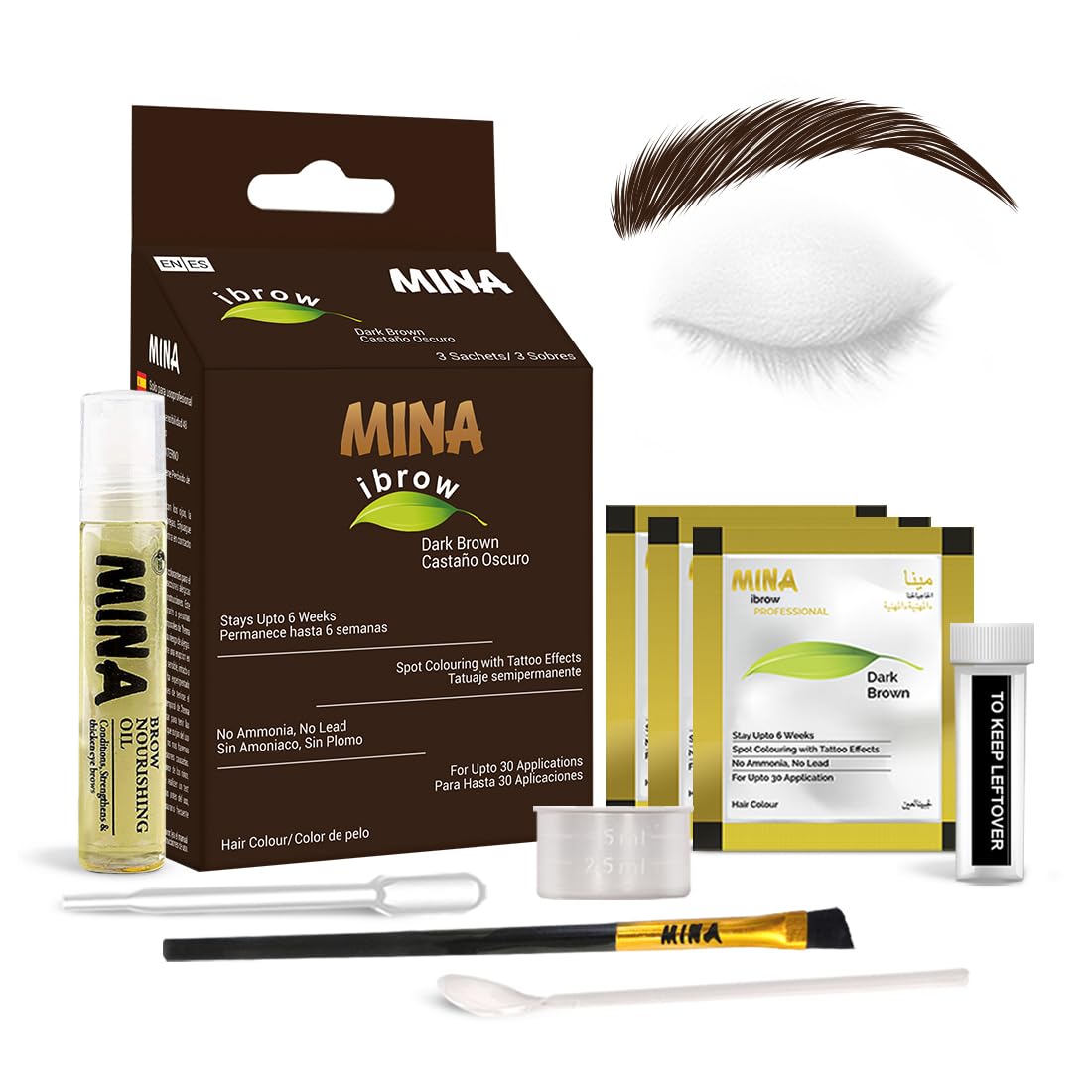 Minaibrow Dark Brown Tint Kit | Vegan Brow Powder With Oil & Brush | Water & Smudge Proof