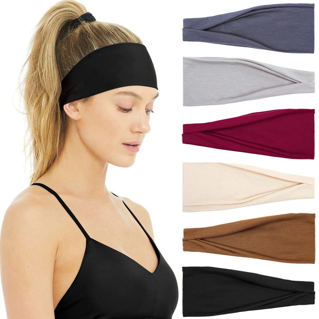 Huachi Non-Slip Headbands - 6 Pack Elastic Sweatbands For Workout, Yoga & Sports - Summer Accessories