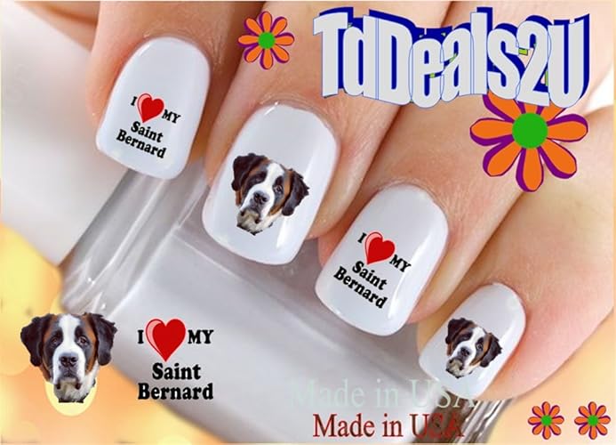 Hipzysticky Saint Bernard Nail Decals - I Love Dogs Waterslide Nail Art - Made In Usa