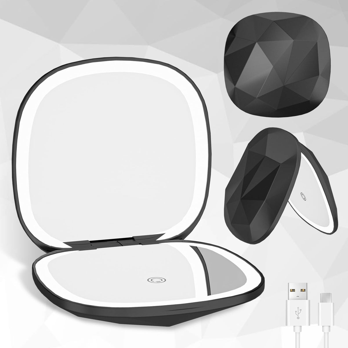 Elidora Compact Mirror With Light - 1X/10X Magnifying, Rechargeable, Portable, Black