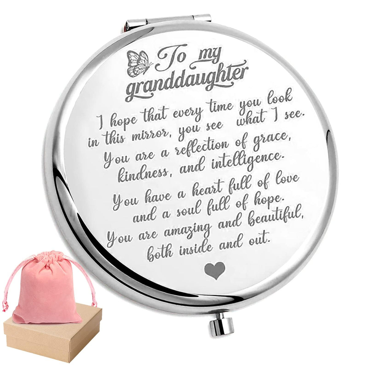 Hnlugf Granddaughter Pocket Mirror - Engraved Compact Mirror, Silver Encouragement Gift