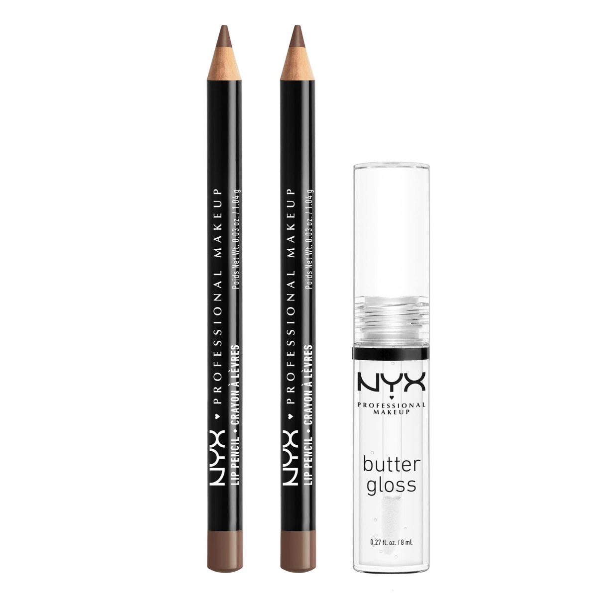 Nyx Professional Makeup Slim Lip Pencil & Butter Gloss 3-Pack Bundle - Espresso & Sugar Glass