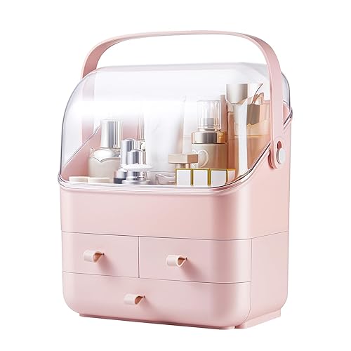 SUNFICON Pink Makeup Organizer - Large Cosmetic Storage Box with 2 Drawers & Dust Cover