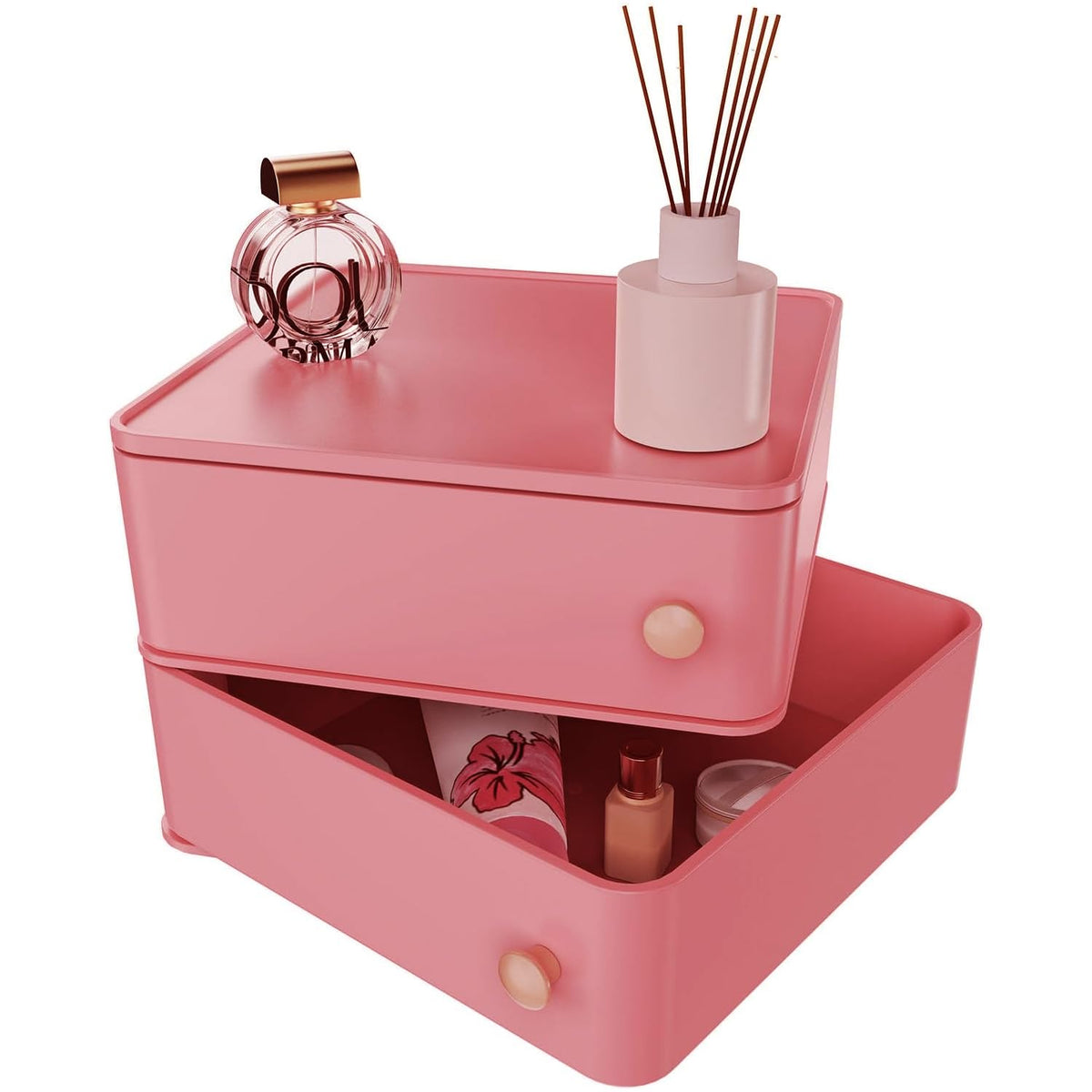 Chancetsui Pink Makeup Organizer With Rotating Drawers, Stackable Storage For Cosmetics & Jewelry