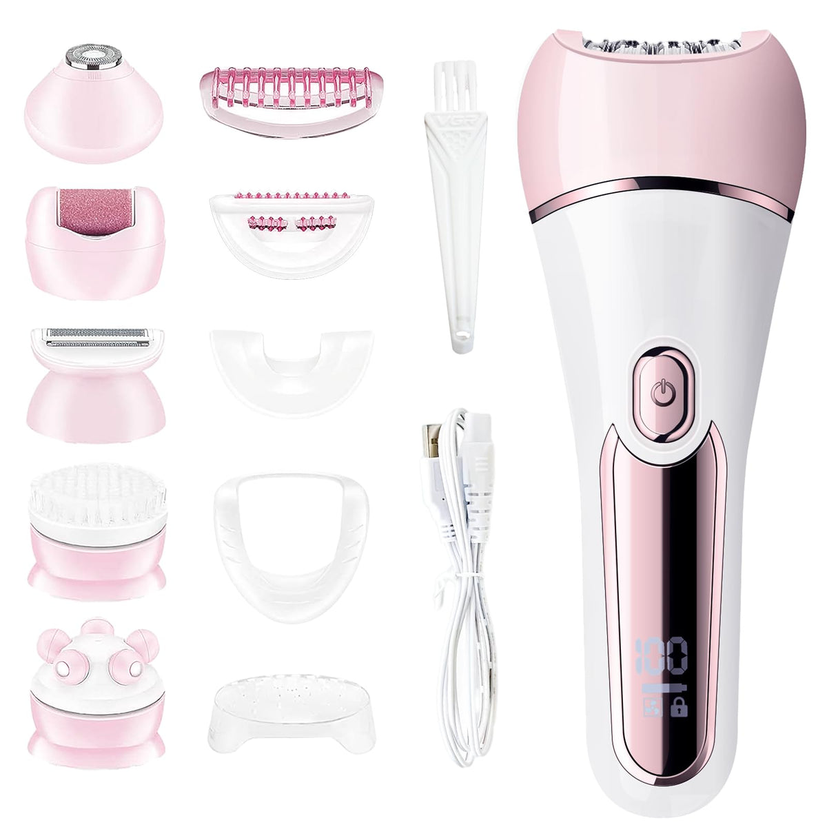 Lihobi 6-In-1 Epilator For Women, Waterproof Hair Removal, Shaver & Facial Brush - Pink