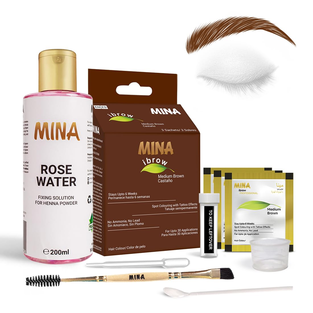 Minaibrow Tint Kit - Medium Brown Brow Tinting Powder With Rose Water & Duo Brush, 30 Uses