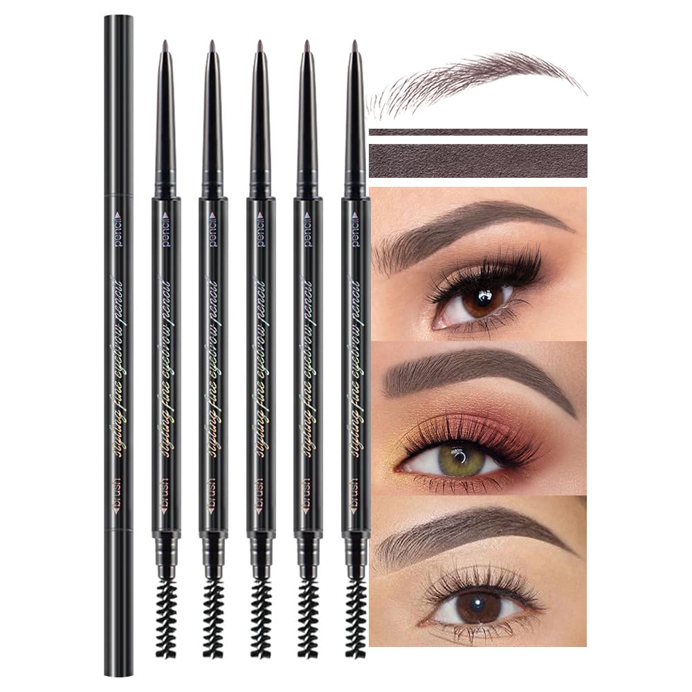 Wantuoluo 5 Pcs Waterproof Dual-Sided Fine Tip Eyebrow Pencils, Milk Tea, Ultra-Fine Mechanical