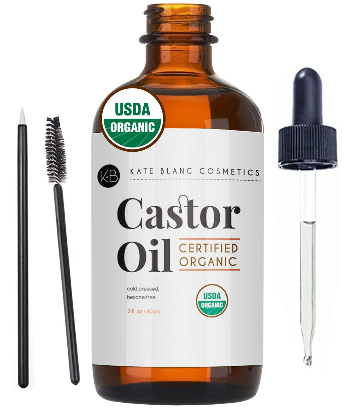 Kate Blanc Cosmetics Organic Castor Oil 2oz - 100% Pure, Hair & Eyelash Growth Treatment