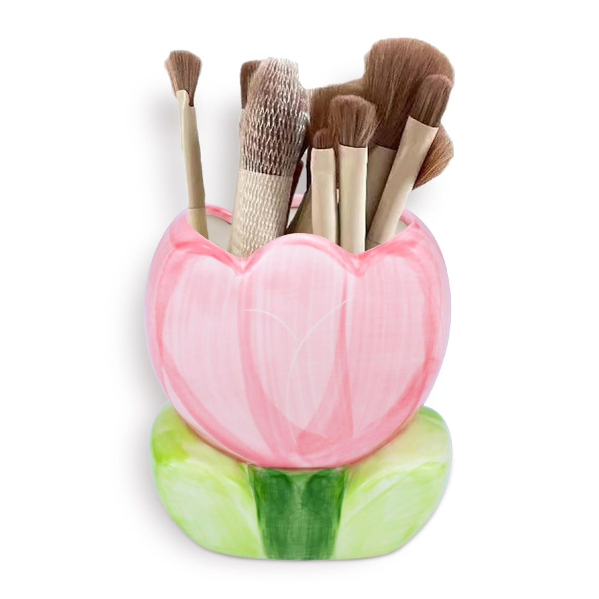 Amzwish Pink Ceramic Tulip Makeup Brush Holder Stand For Vanity, Desk, Bathroom Organizer