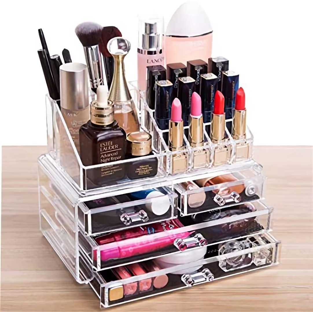 Cq Acrylic Clear Makeup Organizer With 4 Drawers - Stackable Cosmetic Storage For Beauty Accessories