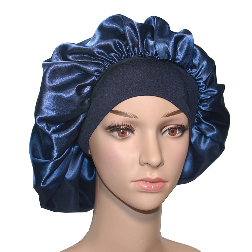 Veyrneic Navy Blue Satin Bonnet For Sleeping, Shower, And Chemo - One Size, Wide Elastic Band