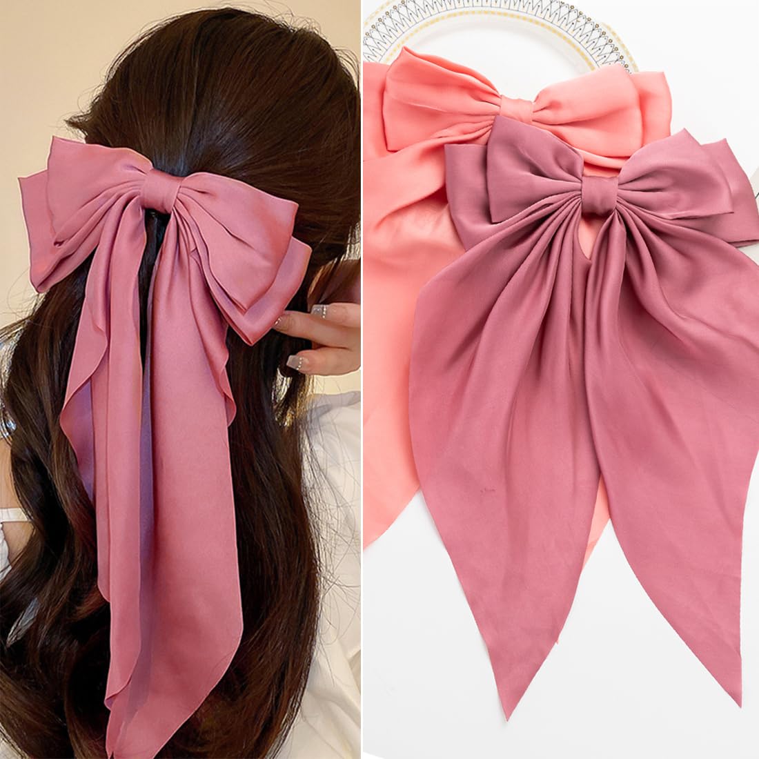 Seneeel Hair Bows 2 Pcs - Oversized Aesthetic Hair Ribbons For Women & Girls (Watermelon Red, Deep Pink