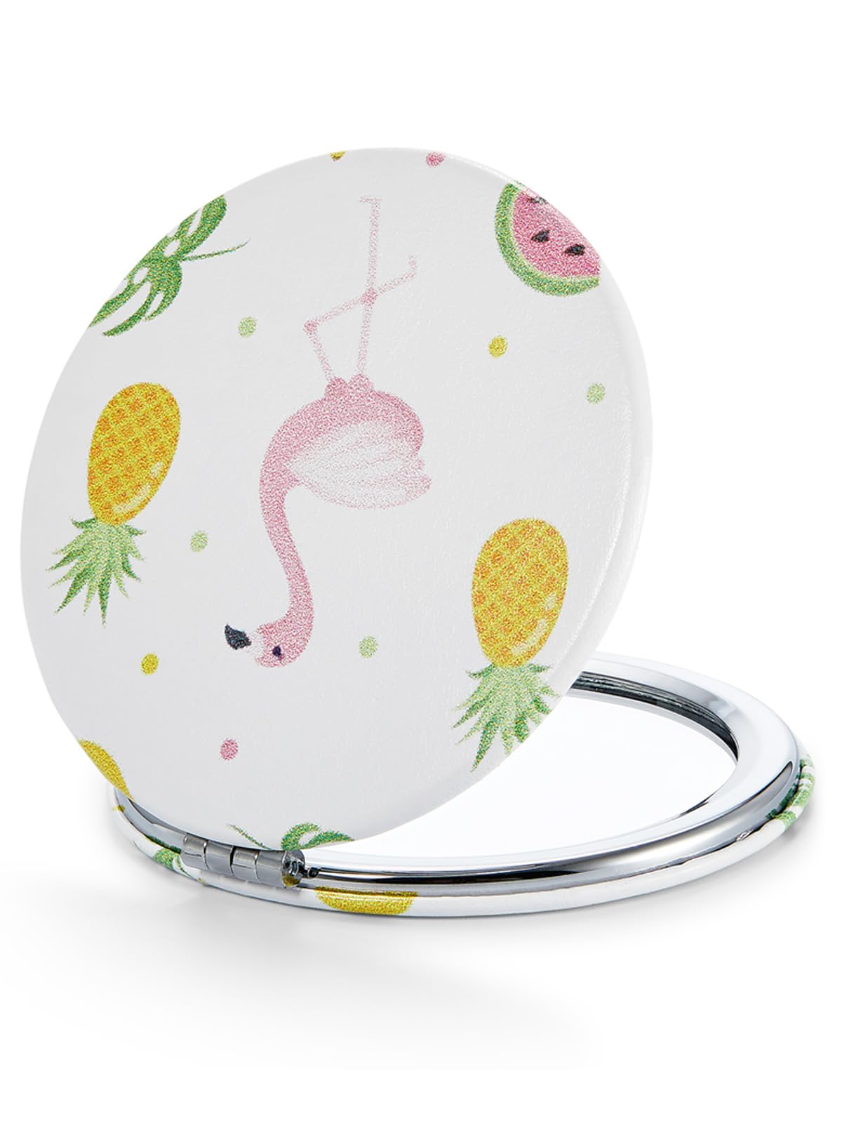 Omiro Compact Magnifying Mirror 1X/10X, Flamingo Tropical Print, Pu Leather, 3&quot; Round