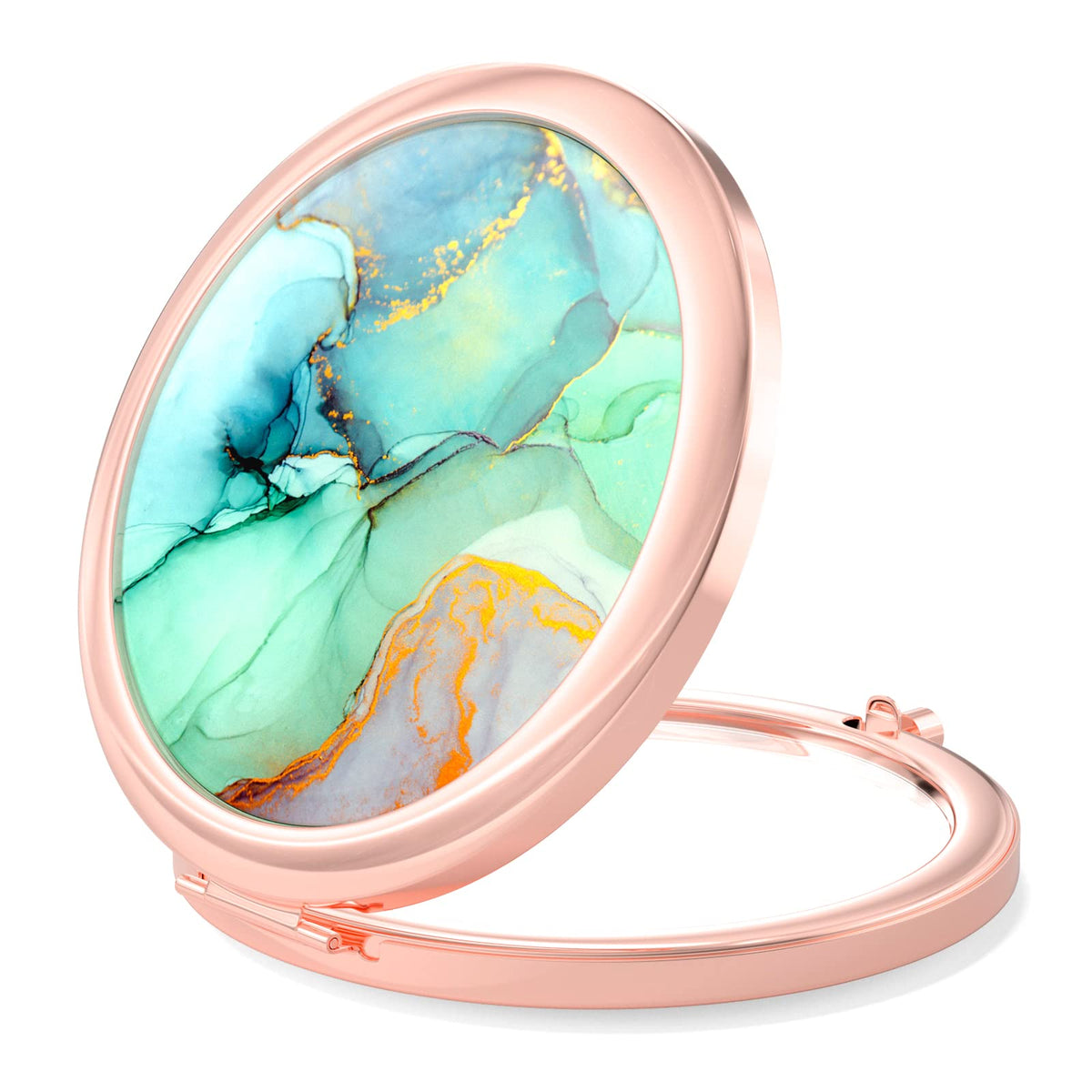 Nipichsha Rose Gold Compact Mirror - 2X & 1X Magnification, Portable Makeup Mirror, Ink Green Marble